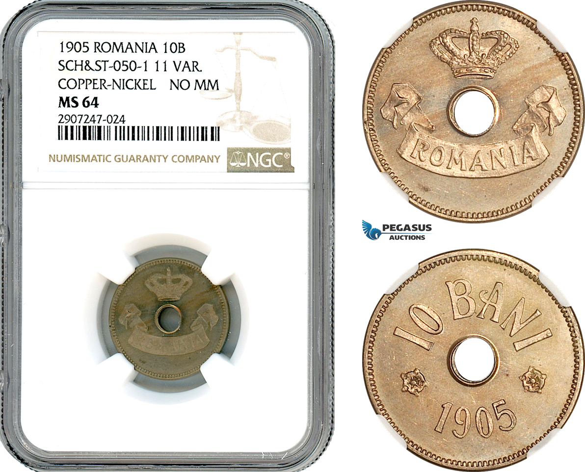 AJ603, Romania, Carol I, Pattern 10 Bani 1905, Brussels Mint, Schäffer/Stambuliu 050-1 11 var., Copper-Nickel Variant, NGC MS64, Rare!