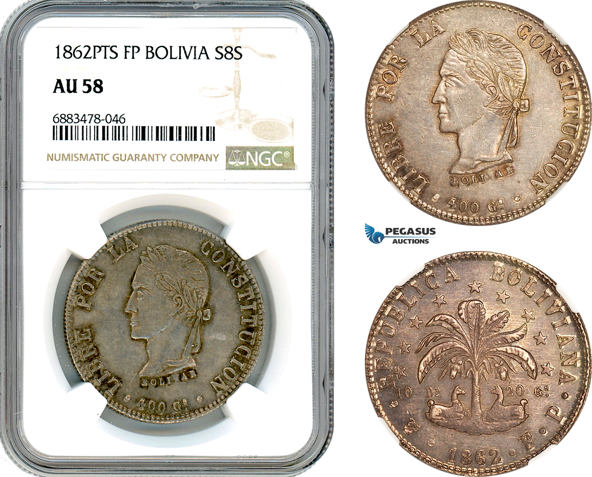 AJ605, Bolivia, 8 Soles 1862 PTS FP, Potosi Mint, Silver, NGC AU58