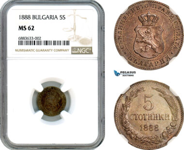AJ608, Bulgaria, Ferdinand I, 5 Stotinki 1888, Brussels Mint, NGC MS62