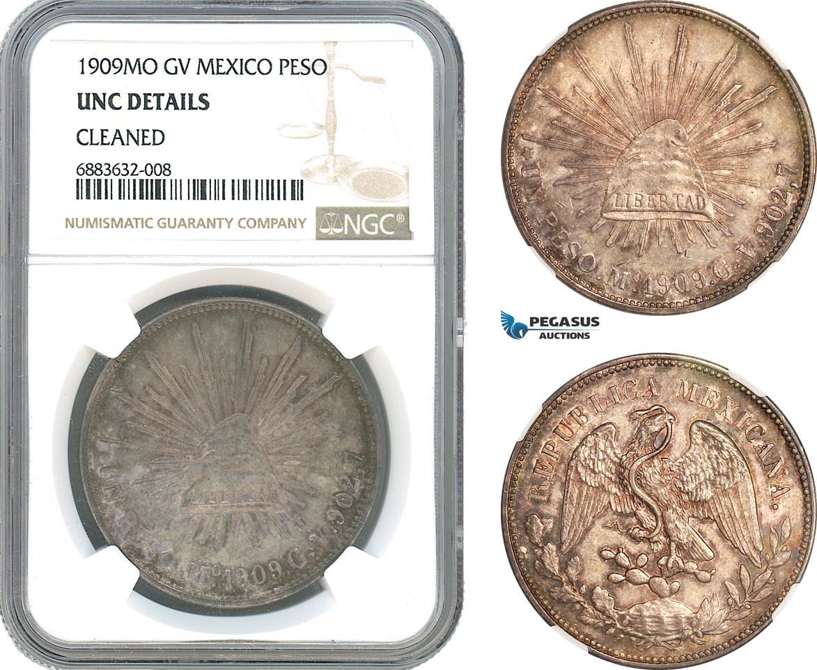 AJ616, Mexico, 1 Peso 1909 MO GV, Mexico City Mint, Silver, NGC UNC Details