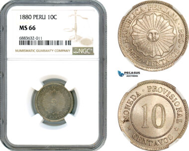 AJ620, Peru, 10 Centavos 1880, Lima Mint, NGC MS66