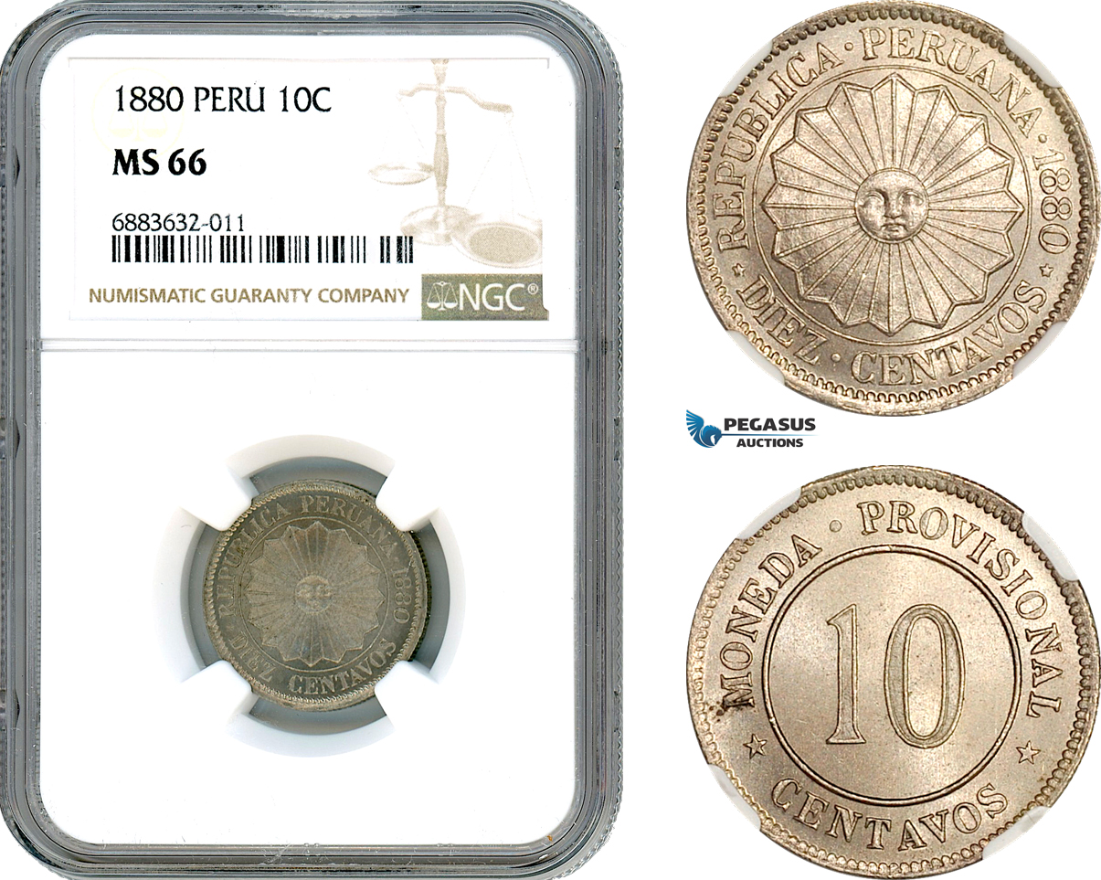 AJ620, Peru, 10 Centavos 1880, Lima Mint, NGC MS66