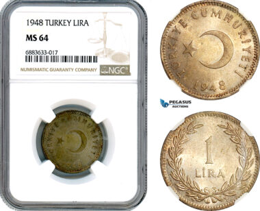 AJ625, Turkey, 1 Lira 1948, Silver, NGC MS64