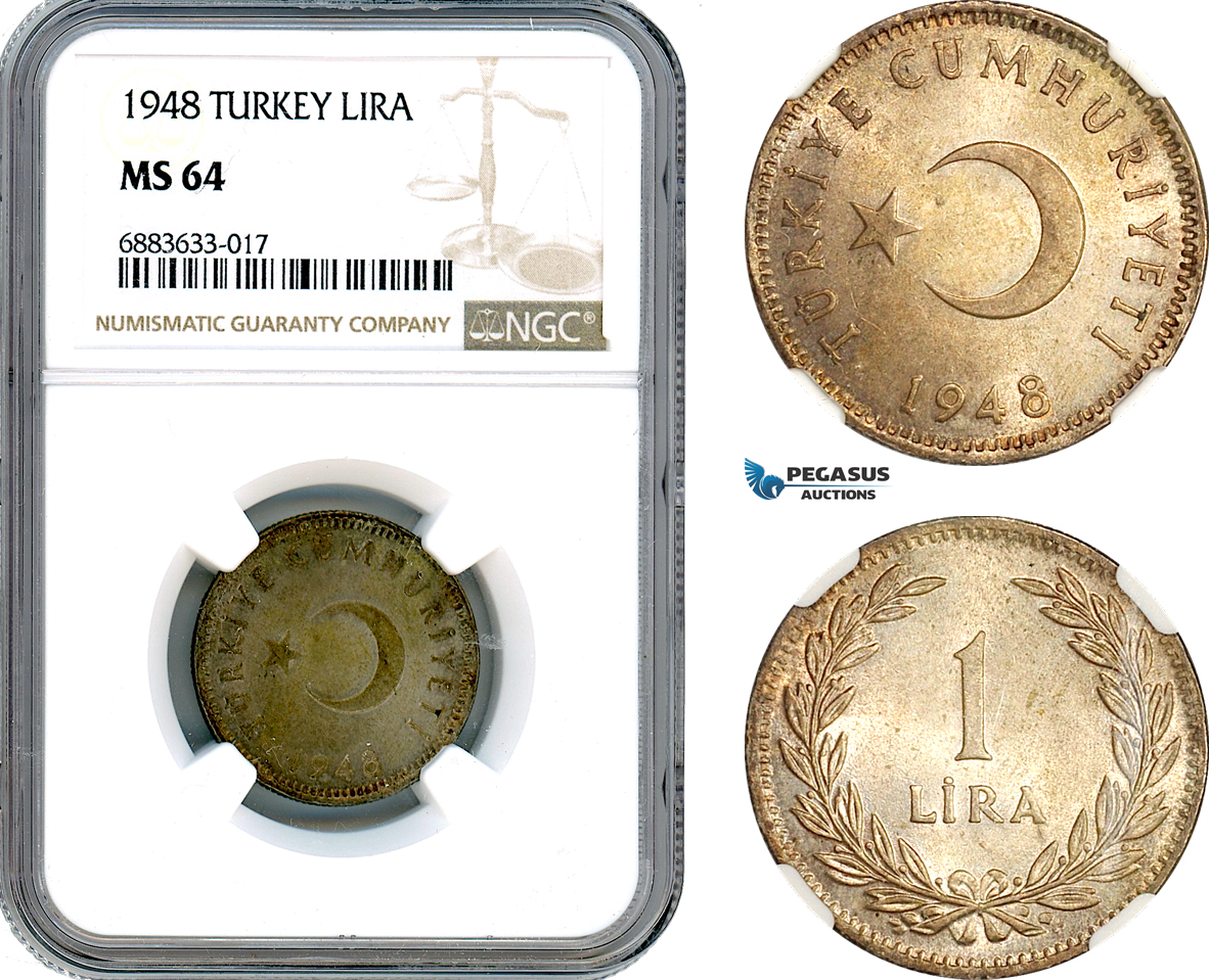 AJ625, Turkey, 1 Lira 1948, Silver, NGC MS64