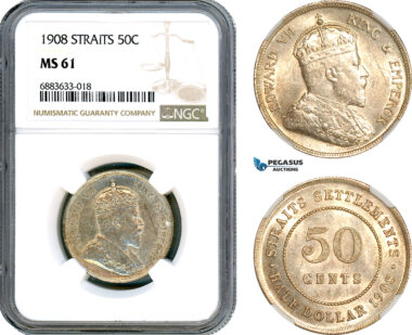 AJ626, Straits Settlements, Edward VII, 50 Cents 1908, Silver, London Mint, NGC MS61