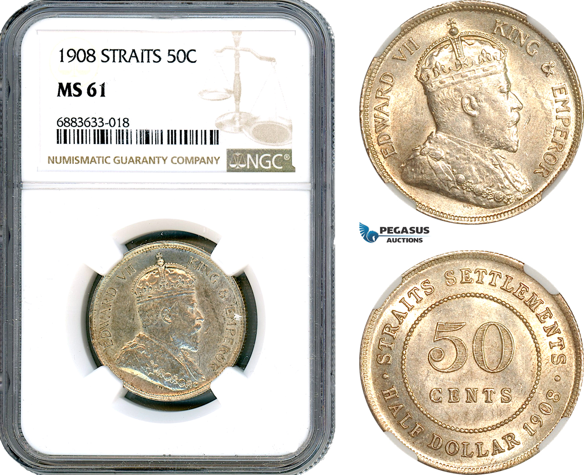 AJ626, Straits Settlements, Edward VII, 50 Cents 1908, Silver, London Mint, NGC MS61