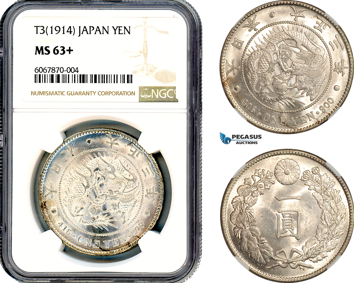 AJ629, Japan, Taisho, 1 Yen T3 (1914) Silver, NGC MS63+