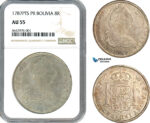 AJ684, Bolivia, Charles III, 8 Reales 1787 PTS PR, Potosi Mint, Silver, NGC AU55