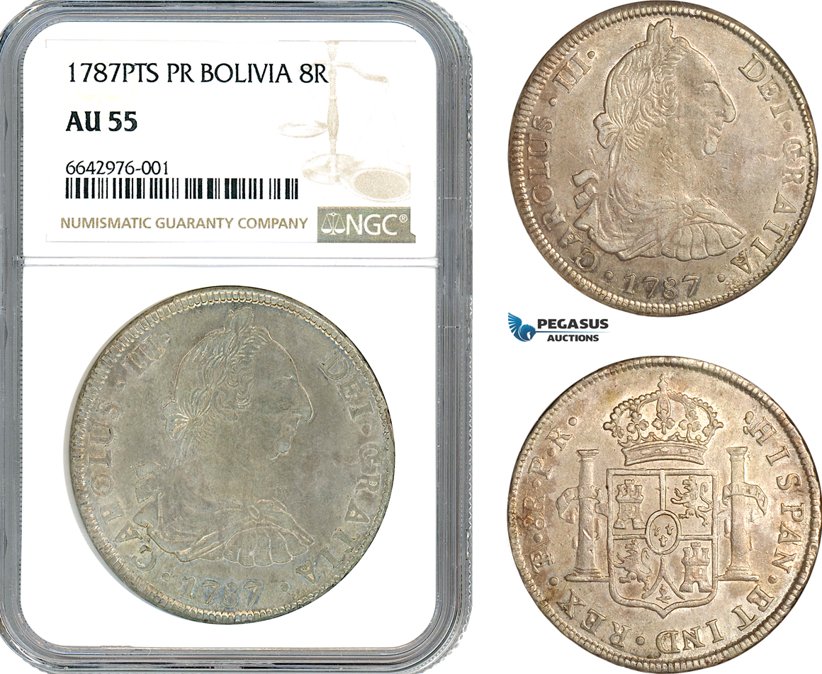 AJ684, Bolivia, Charles III, 8 Reales 1787 PTS PR, Potosi Mint, Silver, NGC AU55