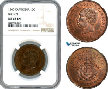 AJ685, Cambodia, Norodom I, 10 Centimes 1860, Bronze, NGC MS63BN