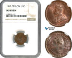 AJ687, Ceylon, George V, 1/2 Cent 1912, Heaton Mint, NGC MS65BN, Pop 1/0