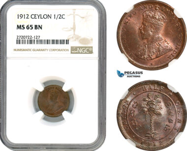 AJ687, Ceylon, George V, 1/2 Cent 1912, Heaton Mint, NGC MS65BN, Pop 1/0