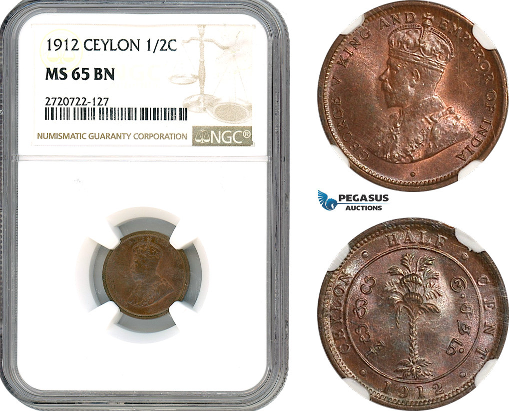 AJ687, Ceylon, George V, 1/2 Cent 1912, Heaton Mint, NGC MS65BN, Pop 1/0