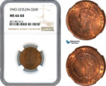 AJ688, Ceylon, George VI, 1 Cent 1943, NGC MS66RB