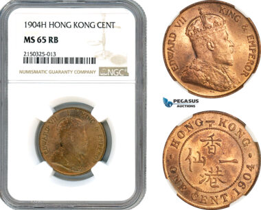 AJ696, Hong Kong, Edward VII, 1 Cent 1904 H, Heaton Mint, NGC MS65RB