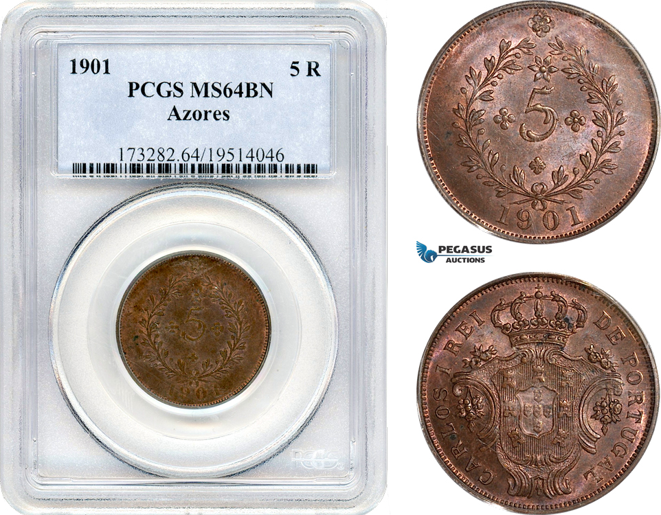 AJ700, Portugal, Azores, Charles I, 5 Reis 1901, Lisbon Mint, PCGS MS64BN