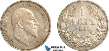AJ721, Bulgaria, Ferdinand, 1 Lev 1910, Silver, XF-