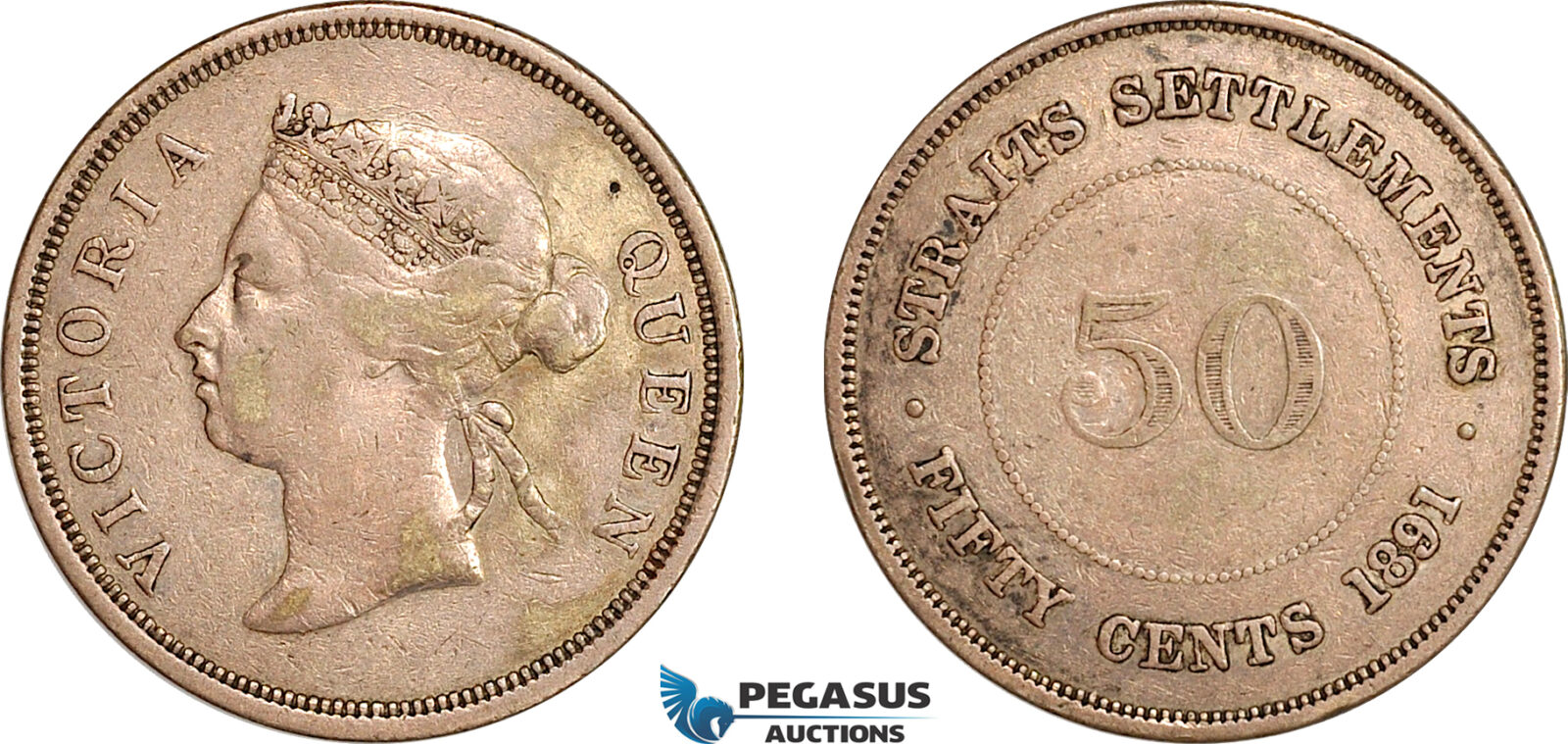 AJ729, Straits Settlements, Victoria, 50 Cents 1891, London Mint, Silver, VF-