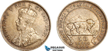 AJ736, British East Africa & Uganda Protectorates, George V, 50 Cents 1919, Silver, XF, Rare keydate!