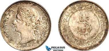 AJ767, Straits Settlements, Victoria, 5 Cents 1888, London Mint, Silver, Mint luster, aUNC