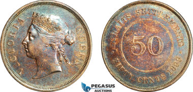 AJ768, Straits Settlements, Victoria, 50 Cents 1899, London Mint, Silver, Toned EF