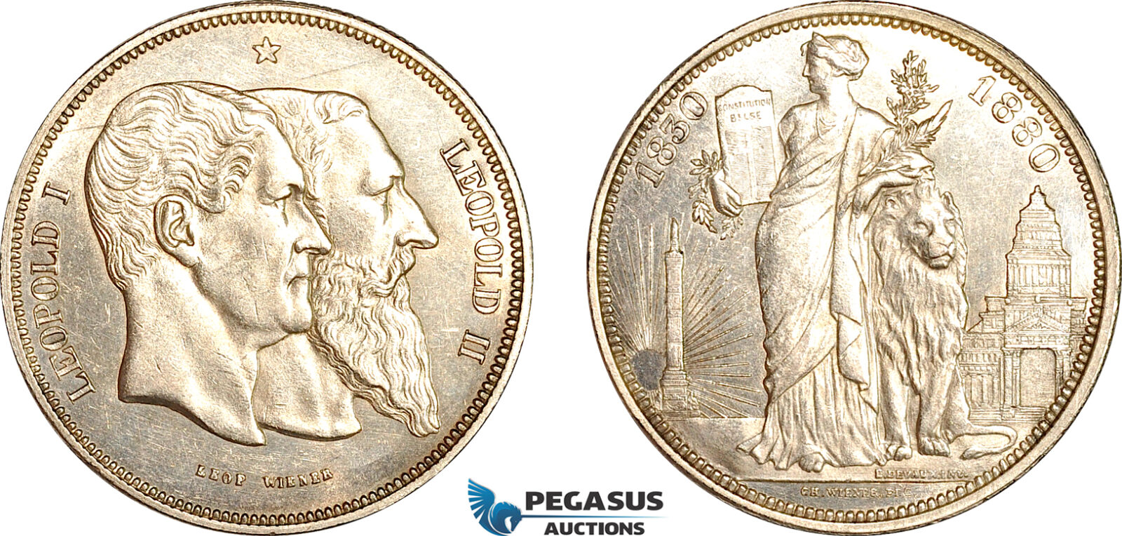 AJ778, Belgium, Leopold II, 5 Francs 1880, Brussels Mint, 50 Years of Belgian Independence, Silver, Some luster, Ligthly cleaned, AU-UNC