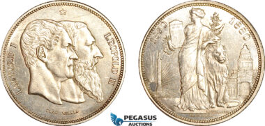 AJ778, Belgium, Leopold II, 5 Francs 1880, Brussels Mint, 50 Years of Belgian Independence, Silver, Some luster, Ligthly cleaned, AU-UNC