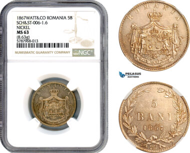 AJ779, Romania, Carol I, Pattern 5 Bani 1867 Watt&Co, Birmingham Mint, Nickel, Schaffer/Stambuliu 006-1.6, NGC MS63, Top Pop 1/0, Very Rare!
