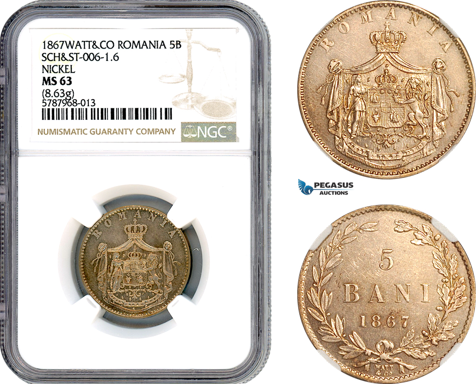 AJ779, Romania, Carol I, Pattern 5 Bani 1867 Watt&Co, Birmingham Mint, Nickel, Schaffer/Stambuliu 006-1.6, NGC MS63, Top Pop 1/0, Very Rare!