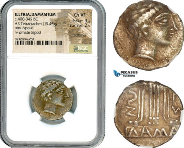 A9-001, Illyria, Damastium (Damastion) AR Tetradrachm (13.45g) c. 400-345 BC, Obv.: Apollo head right, Rev.: Ornate tripod, NGC Ch VF, Strike 3/5, Surface 2/5, Scratches, Rare!