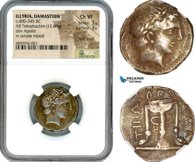 A9-002, Illyria, Damastium (Damastion) AR Tetradrachm (12.60g) c. 400-345 BC, Obv.: Apollo head right, Rev.: Ornate tripod, NGC Ch VF, Strike 3/5, Surface 3/5, Light marks, Rare!