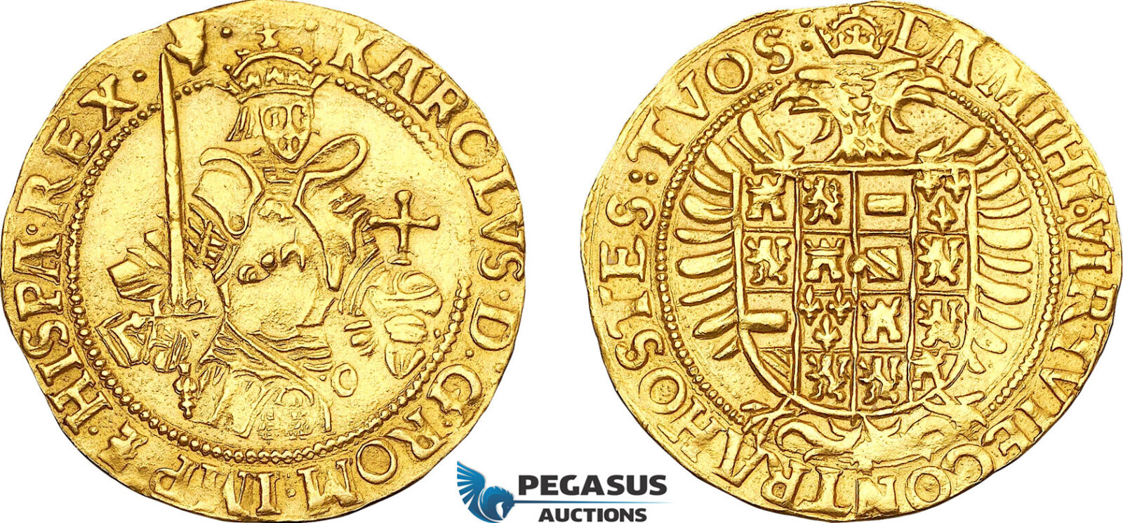 A9-055, Belgium, Brabant, Charles V. of Spain, Real d'or ND (1546–1556), Antwerp/Anvers Mint, Gold (5.30g) Fr- 56, Delm- 97, Lustrous EF, Ex. Schulman 1931