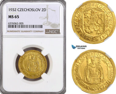A9-144, Czechoslovakia, 2 Dukat 1932, Kremnica Mint, Gold, KM# 9, NGC MS65, Rare!
