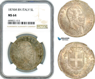 A9-277, Italy, Vittorio Emanuele II, 5 Lire 1874 M BN, Milan Mint, Silver, KM# 8.3, Light champagne toning, NGC MS64, Top Pop