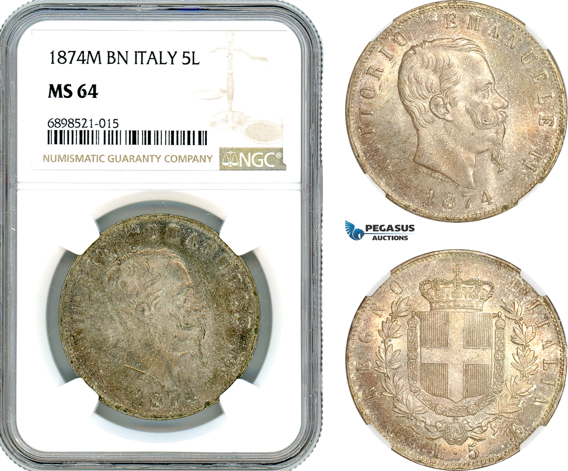 A9-277, Italy, Vittorio Emanuele II, 5 Lire 1874 M BN, Milan Mint, Silver, KM# 8.3, Light champagne toning, NGC MS64, Top Pop