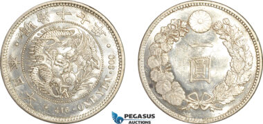 A9-279, Japan, Meiji, Yen Yr. 17 (1884), Osaka Mint, Silver, JNDA-01-10, KM# YA25.2, Lightly cleaned, small chop, yet very lustrous, UNC