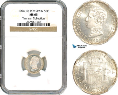 A9-551, Spain, Alfonso XIII, 50 Centimos 1904 (10*) PCV, Madrid Mint, Silver, Cal#62, Blast white, NGC MS65