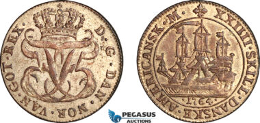 AJ820, Danish West Indies, Frederik V, 24 Skilling 1764, Contemporary copper Imitation, AU, Rare!