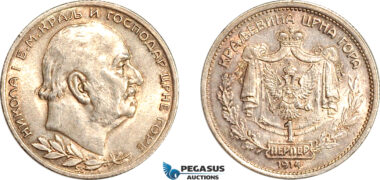 AJ822, Montenegro, Nicholas I, 1 Perper 1914, Vienna Mint, Silver, Toned AU