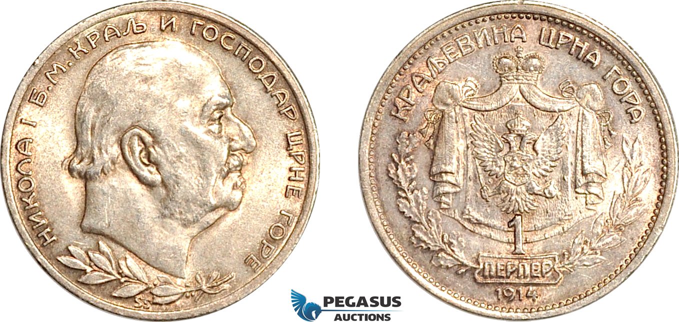 AJ822, Montenegro, Nicholas I, 1 Perper 1914, Vienna Mint, Silver, Toned AU