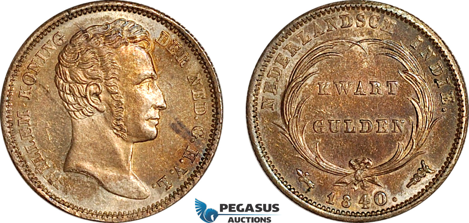 AJ825, Netherlands East Indies, Willem, 1/4 Gulden 1840, Utrecht Mint, Silver, Stained, AU-UNC