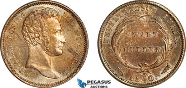 AJ825, Netherlands East Indies, Willem, 1/4 Gulden 1840, Utrecht Mint, Silver, Stained, AU-UNC