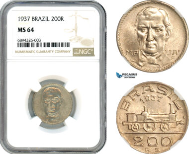 AJ841, Brazil, Maua, 200 Reis 1937, Rio de Janeiro Mint, NGC MS64