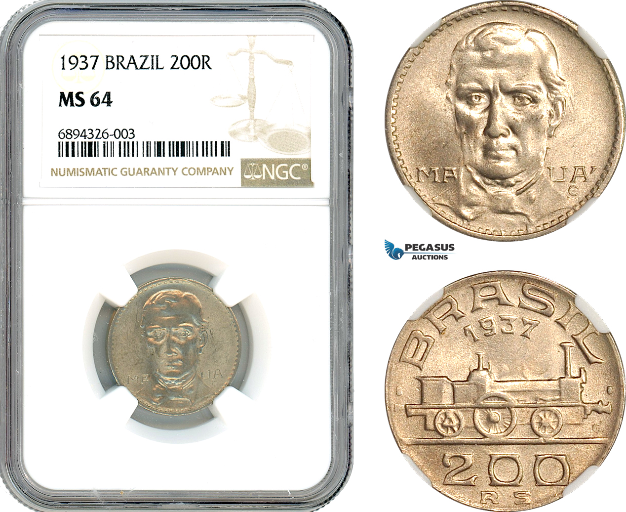 AJ841, Brazil, Maua, 200 Reis 1937, Rio de Janeiro Mint, NGC MS64