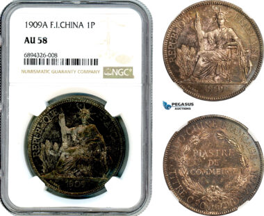 AJ851, French Indo-China, 1 Piastre 1909 A, Paris Mint, Silver, NGC AU58