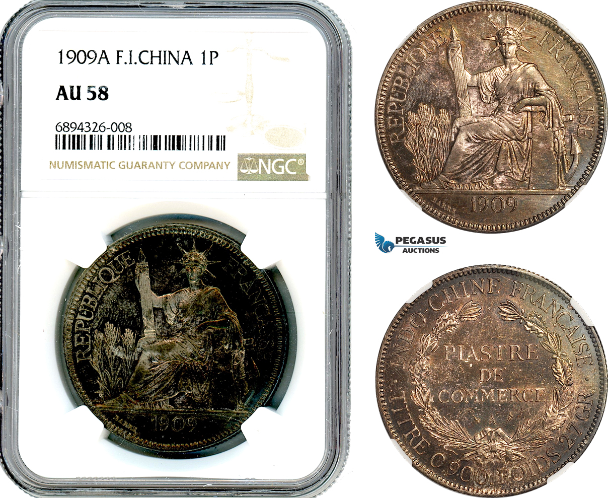 AJ851, French Indo-China, 1 Piastre 1909 A, Paris Mint, Silver, NGC AU58
