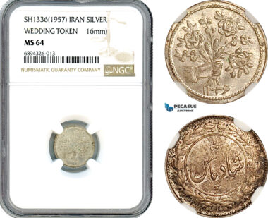 AJ856, Iran, Pahlavi, Silver Wedding Token SH1336 (1957) NGC MS64