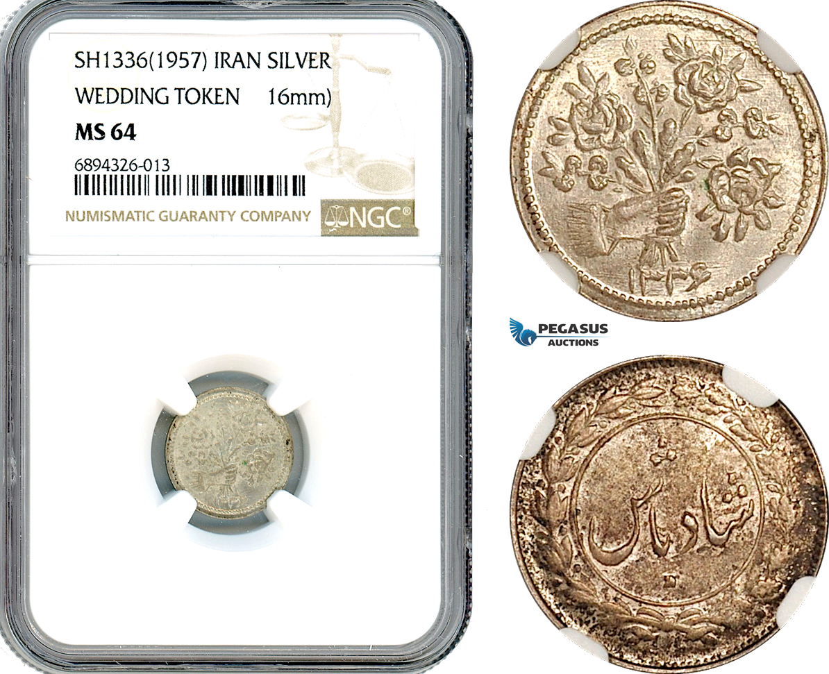 AJ856, Iran, Pahlavi, Silver Wedding Token SH1336 (1957) NGC MS64
