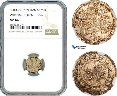 AJ857, Iran, Pahlavi, Silver Wedding Token SH1336 (1957) NGC MS64