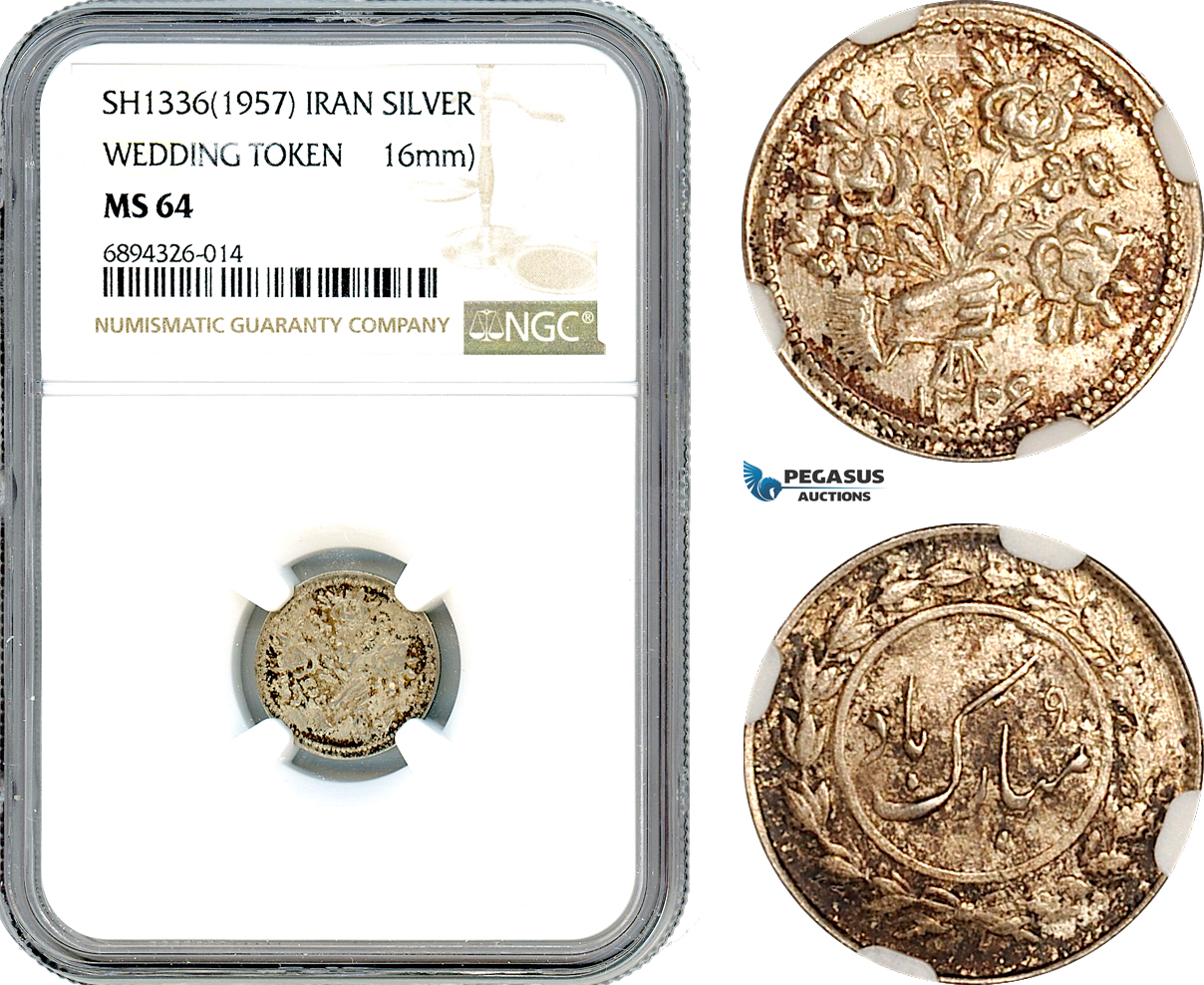 AJ857, Iran, Pahlavi, Silver Wedding Token SH1336 (1957) NGC MS64
